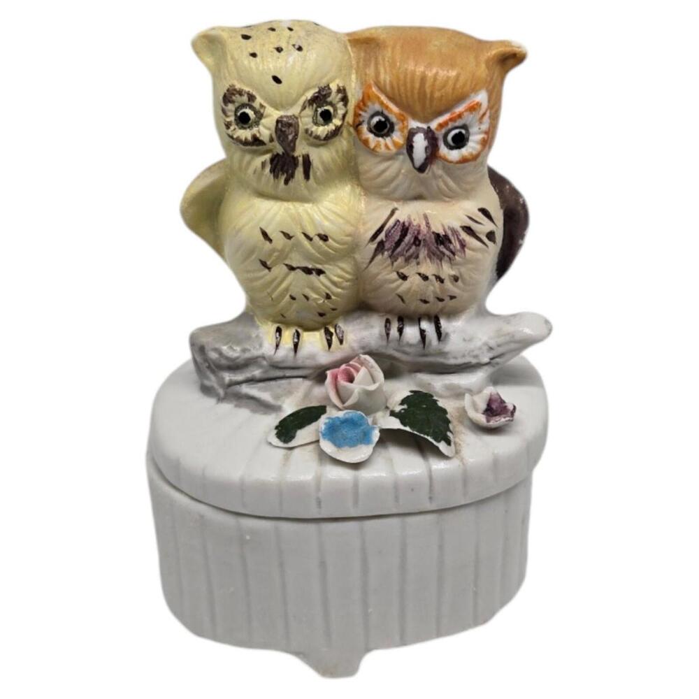 Vintage Lefton? Porcelain Trinket Box with 2 Owls Sitting on Branch with Flowers